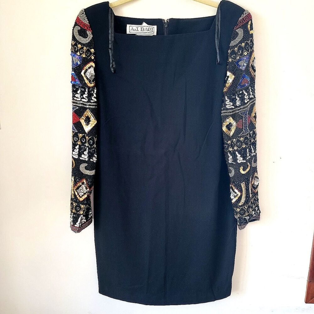 Vintage AJ Bari Size 4 Black Sheath Dress Sequin Beaded Sleeves Cocktail square